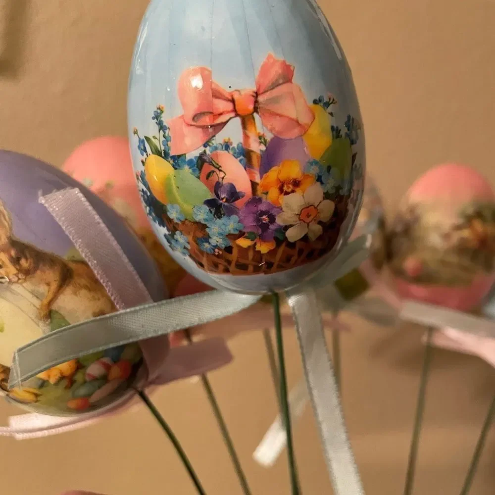 Vintage Decoupage Eggs with Vintage Easter Prints on Long Wire Picks with Ribbon